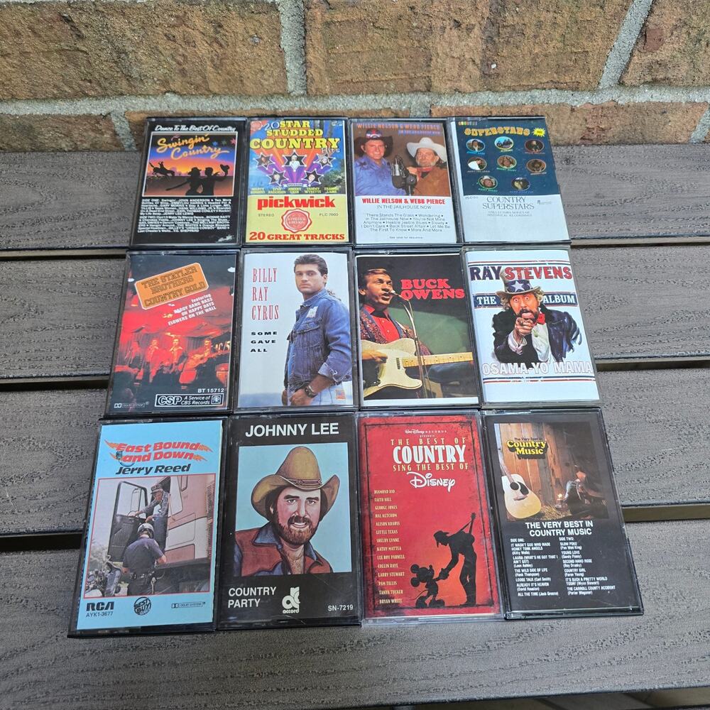 12 Country Music Cassette Tapes Nelson Owens Cyrus Stevens Reed Lee Disney Vtg